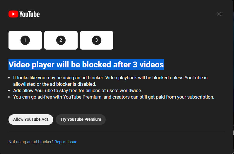Youtube blockiert AdblockerUser nach 3 Videos