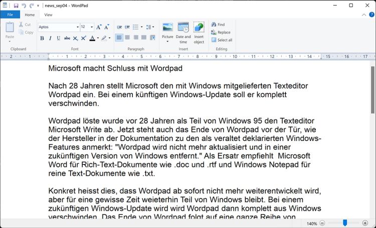 Microsoft läutet das Aus für Wordpad ein
